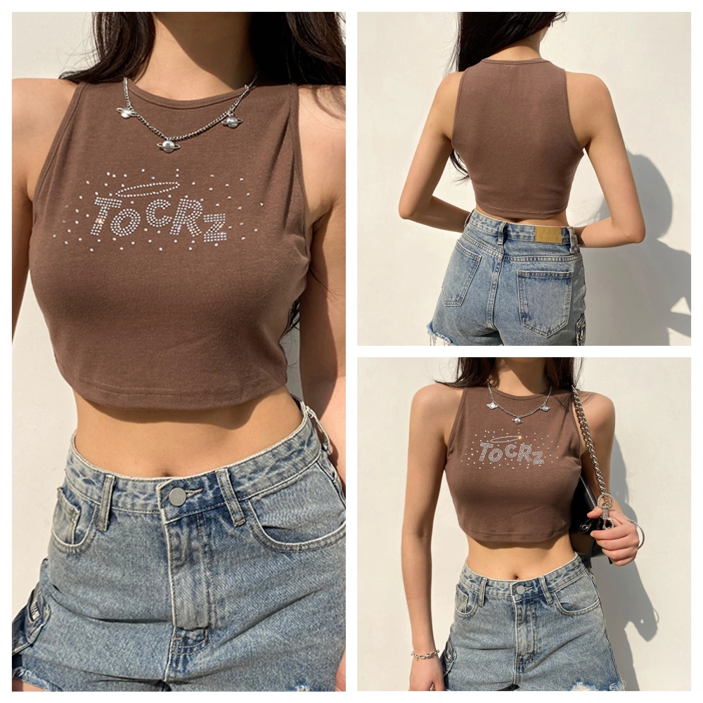 Women Tank Tops, Sleeveless Crew Neck Rhinestone Slim Fit Crop Tops