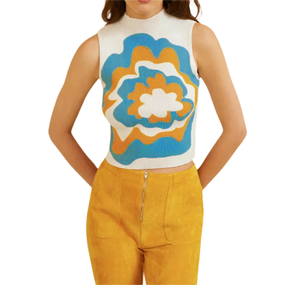 Casual Women Floral Tops, Sleeveless Turtle Neck Flower Crop Tops