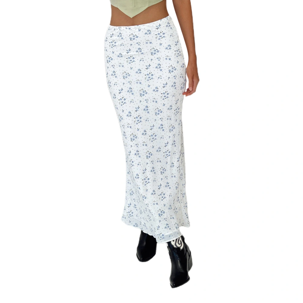 Women's Spring Summer White Elastic Band Bohemian Floral Skirt