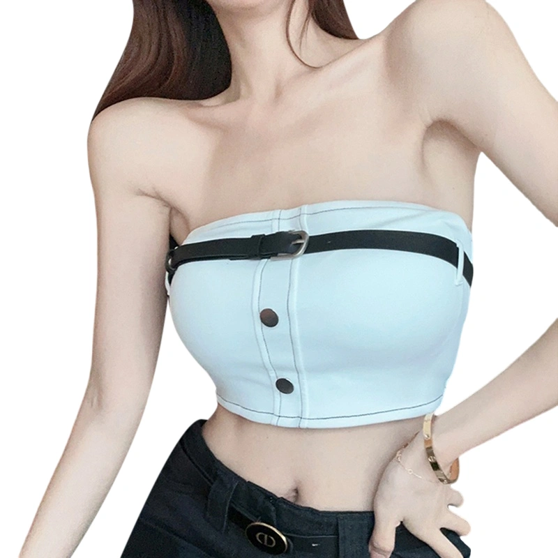 Women's Fashion Tube Tops, Strapless Button Front Belted Bandeau Tops