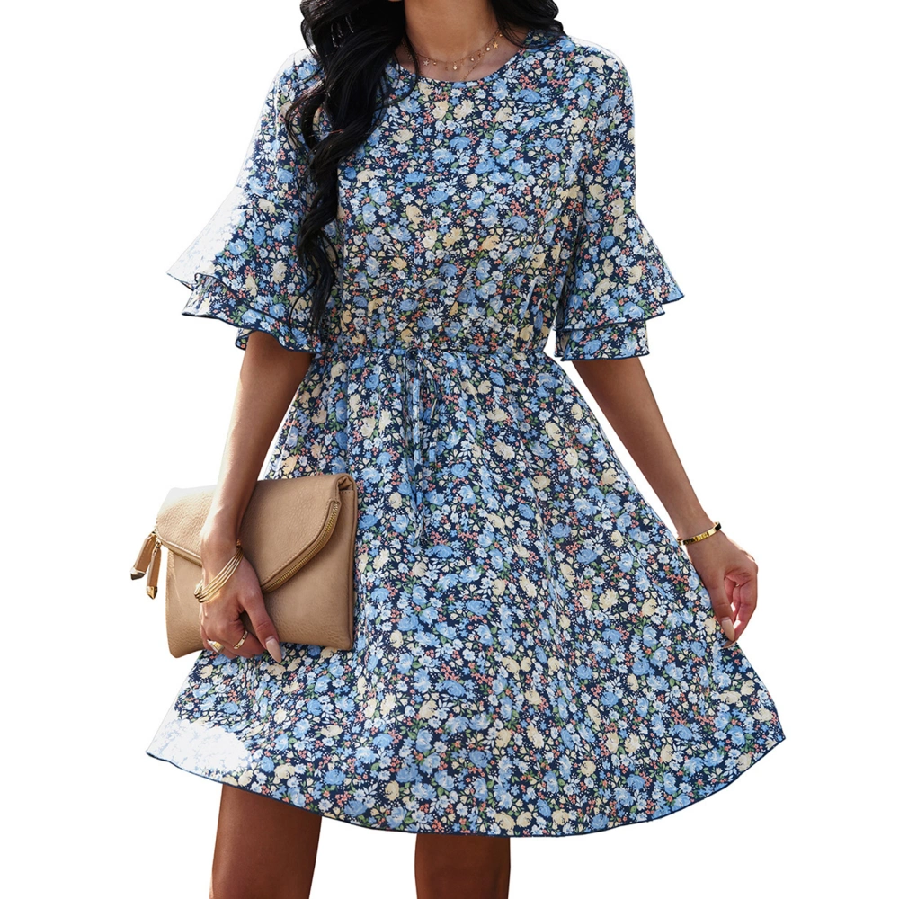 Women Summer Flower Print Dress, Flare Half Sleeve Mini A-line Dress