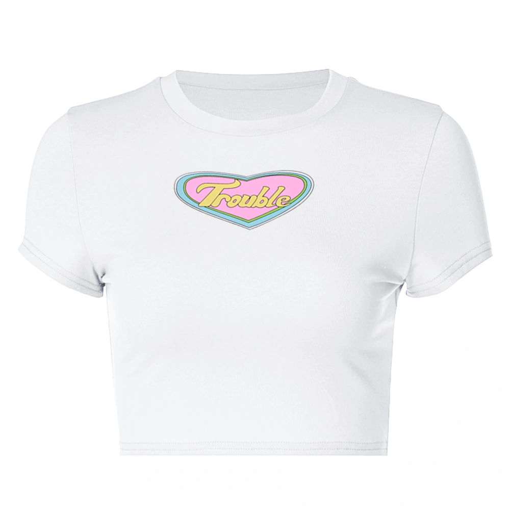 Women Crop Tops, Heart & Letter Print Short Sleeve Round Neck T-shirt