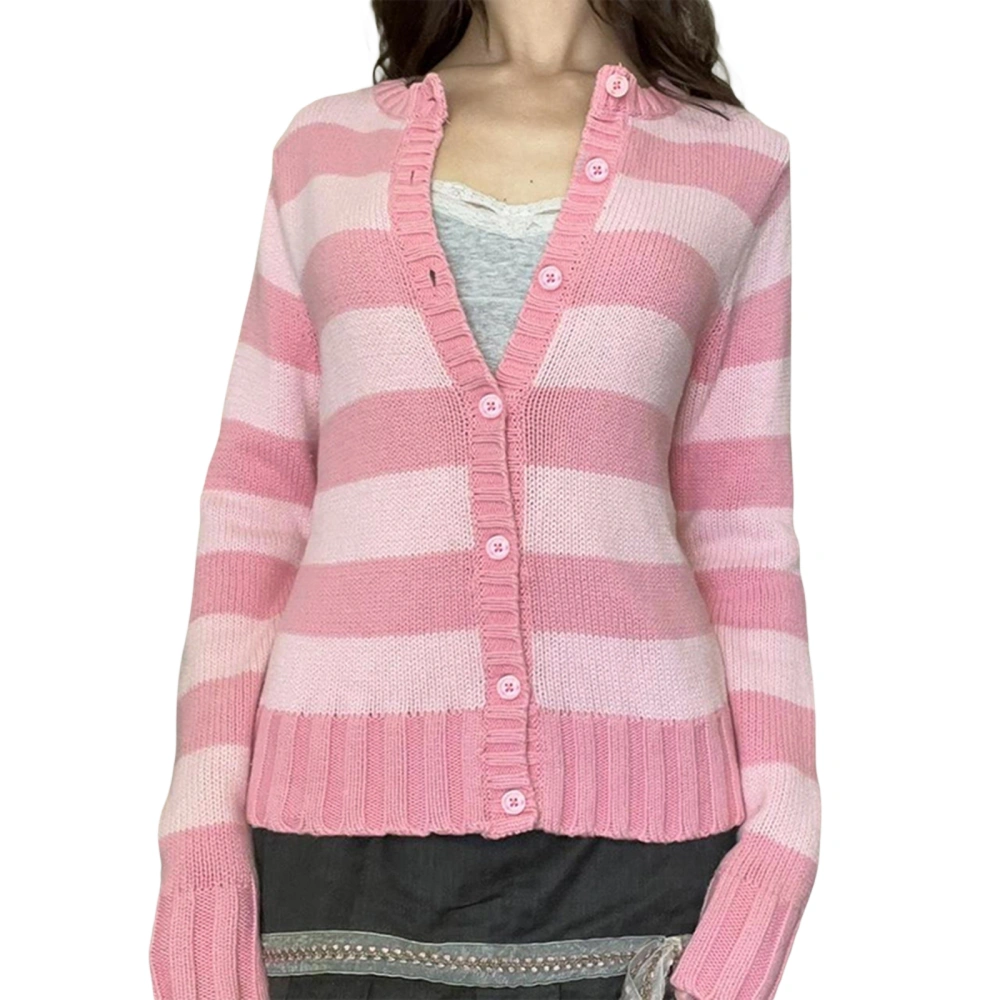 Women Button Down Sweaters Jacket Striped Knitted Long Sleeve Cardigan