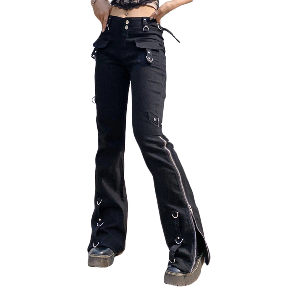 Women High Waist Pants, Metal Rings Wide Trousers Zipper Pockets