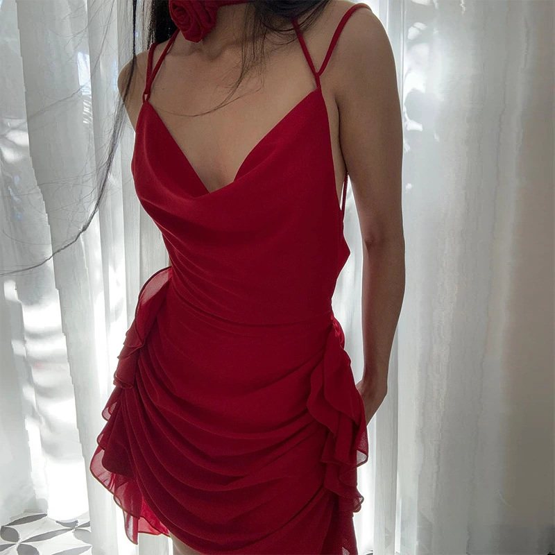Women's 3D Flower Slip Dress Solid Cowl Neck Halter Ruffled Dress