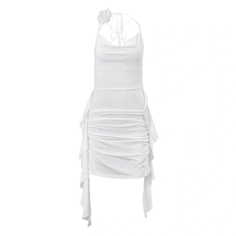 Women's 3D Flower Slip Dress Solid Cowl Neck Halter Ruffled Dress