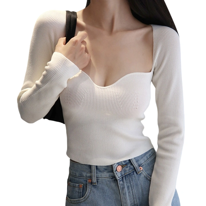 Women Long Sleeve Crop Tops Solid Color Sweetheart Neckline T-Shirts