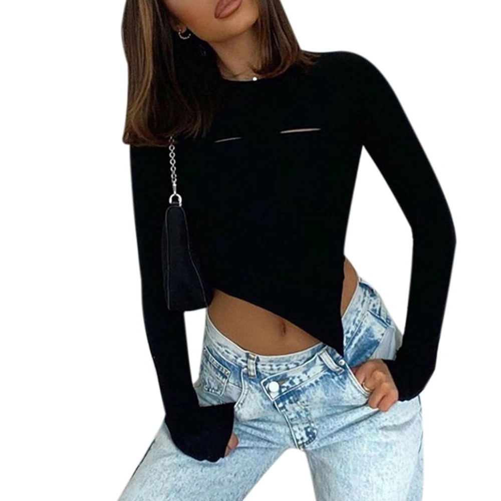 Women Cutout Crop Tops, Long Sleeve Irregular Hem Solid Color T-Shirts