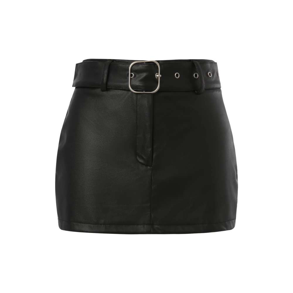 Women Leather Half Dress Mini Pencil Skirts Belt Buckle Streetwear