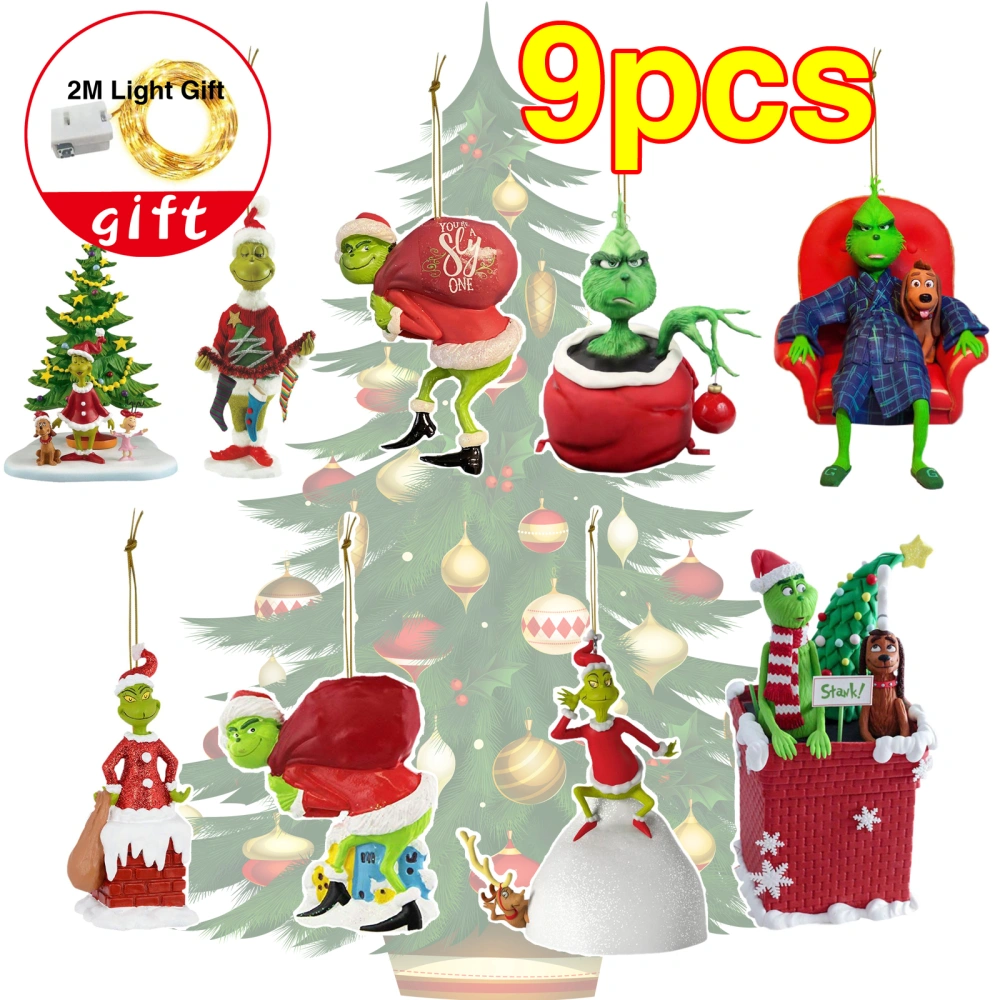 9Pcs Green Hair Monster Christmas Decoration Pendant Cartoon Christmas Tree Pendant Home Car Backpack Pendant Pendant Gift