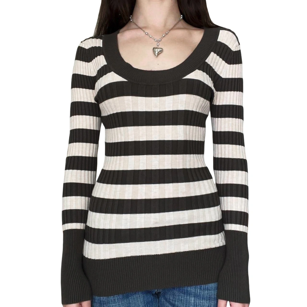 Women Rib Stripe Sweater Casual Cozy Long Sleeves Pullover Knitwear