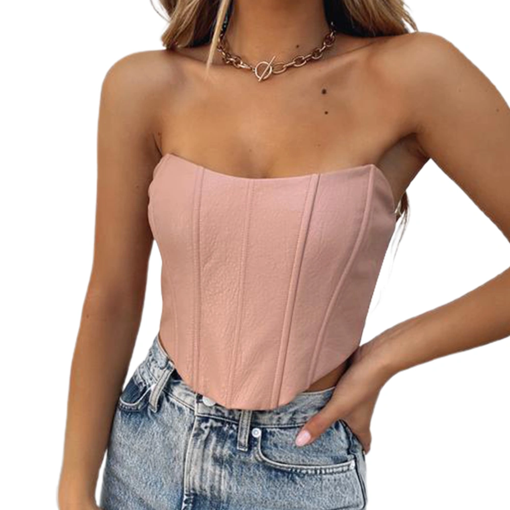 Women's Solid Color Tube Tops, Off Shoulder Ribbed PU Leather Corset