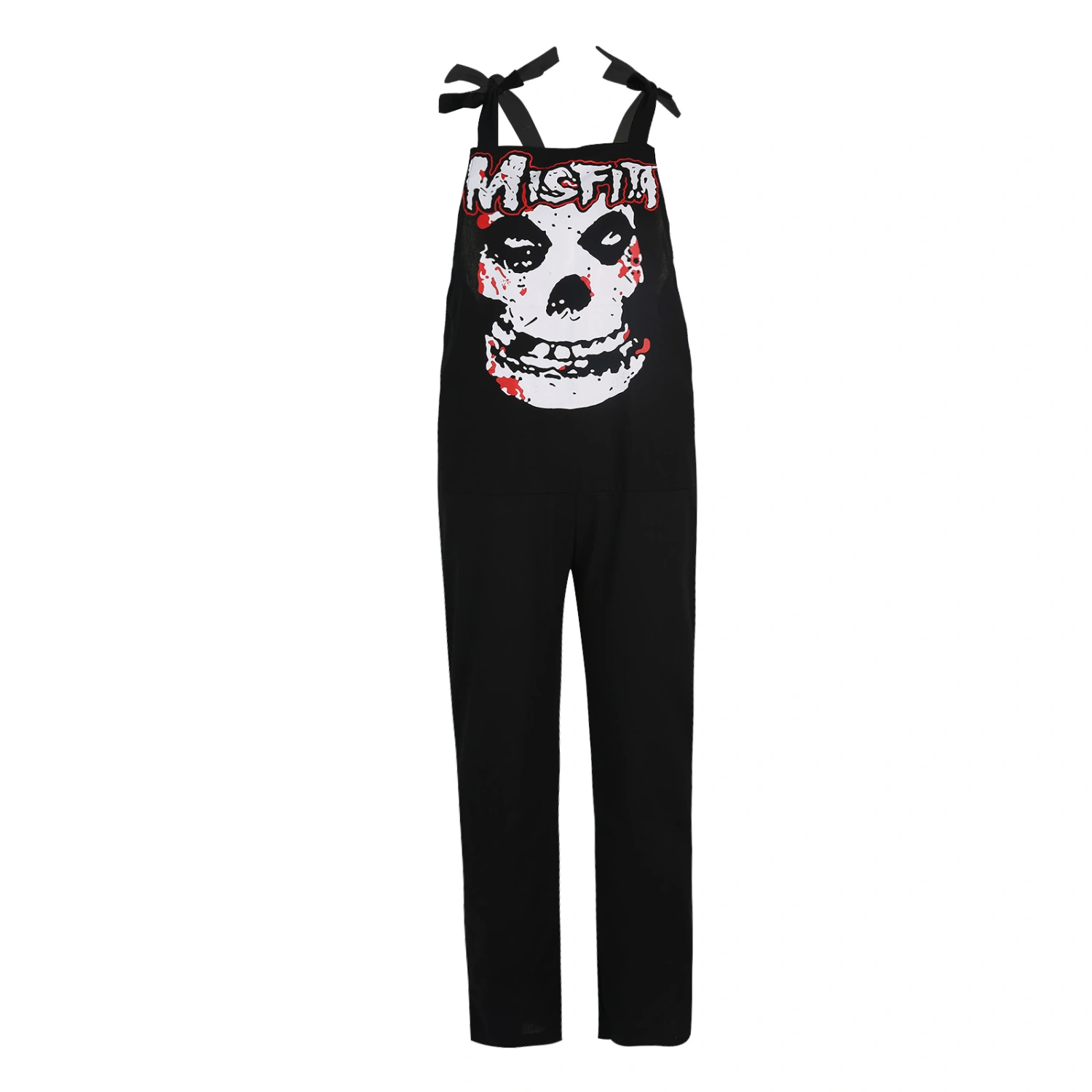 Women's Loose Jumpsuits,  Skull Black Cat Print Strap Bib Pants