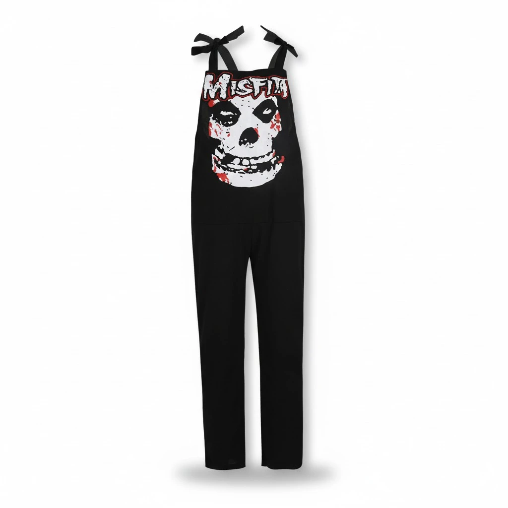 Women's Loose Jumpsuits,  Skull Black Cat Print Strap Bib Pants