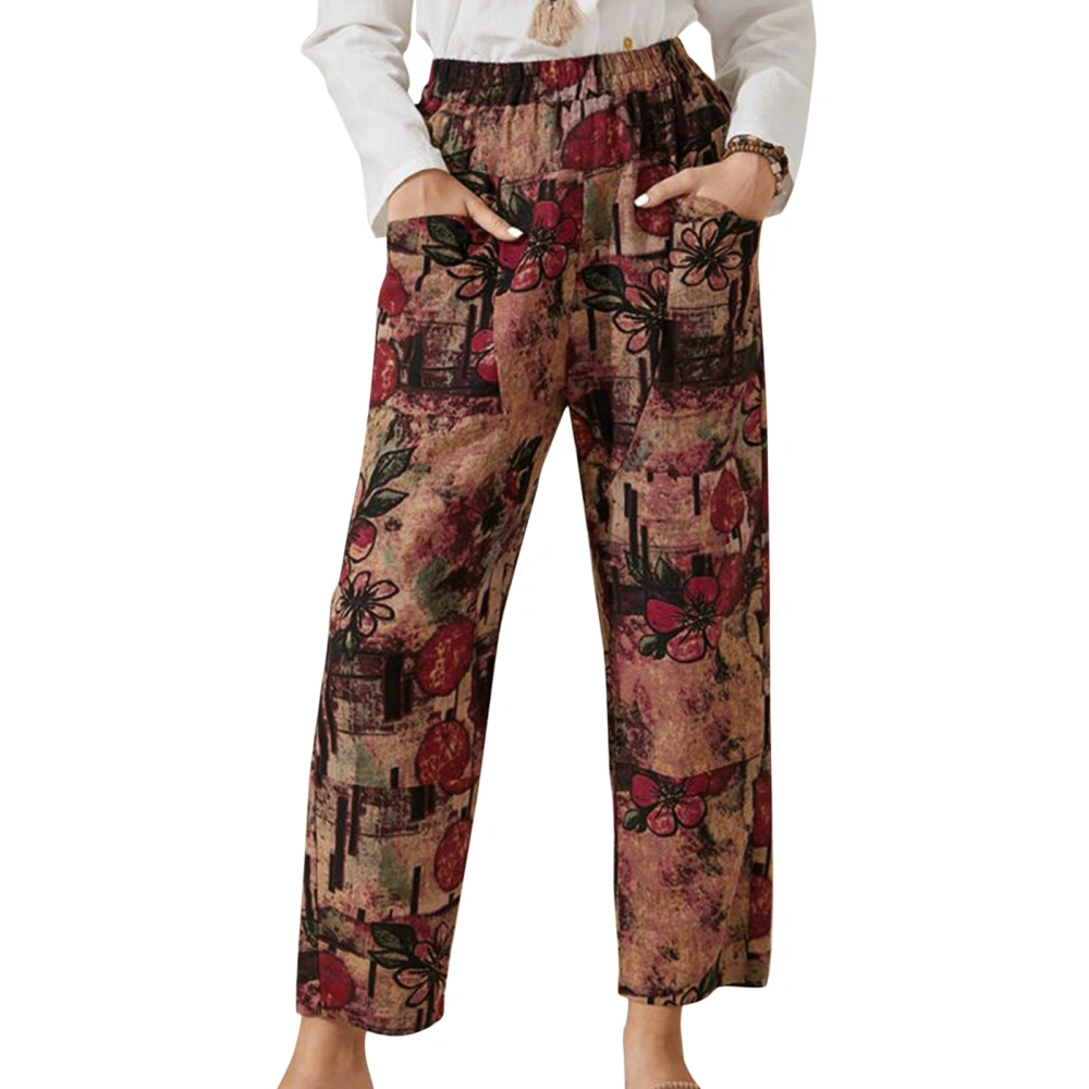 Women Casual Pants, Floral/Geometric Elastic Trousers with Pockets