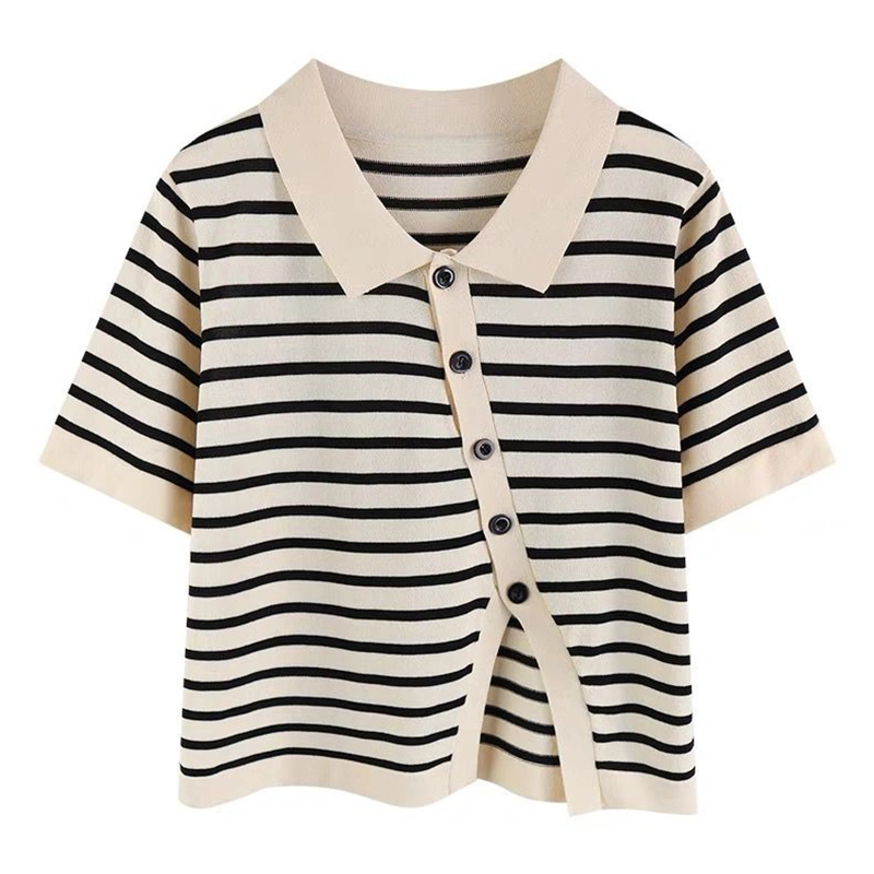 Women Summer T-Shirt, Short Sleeve Stripe Knitted Buttons Lapel Tops