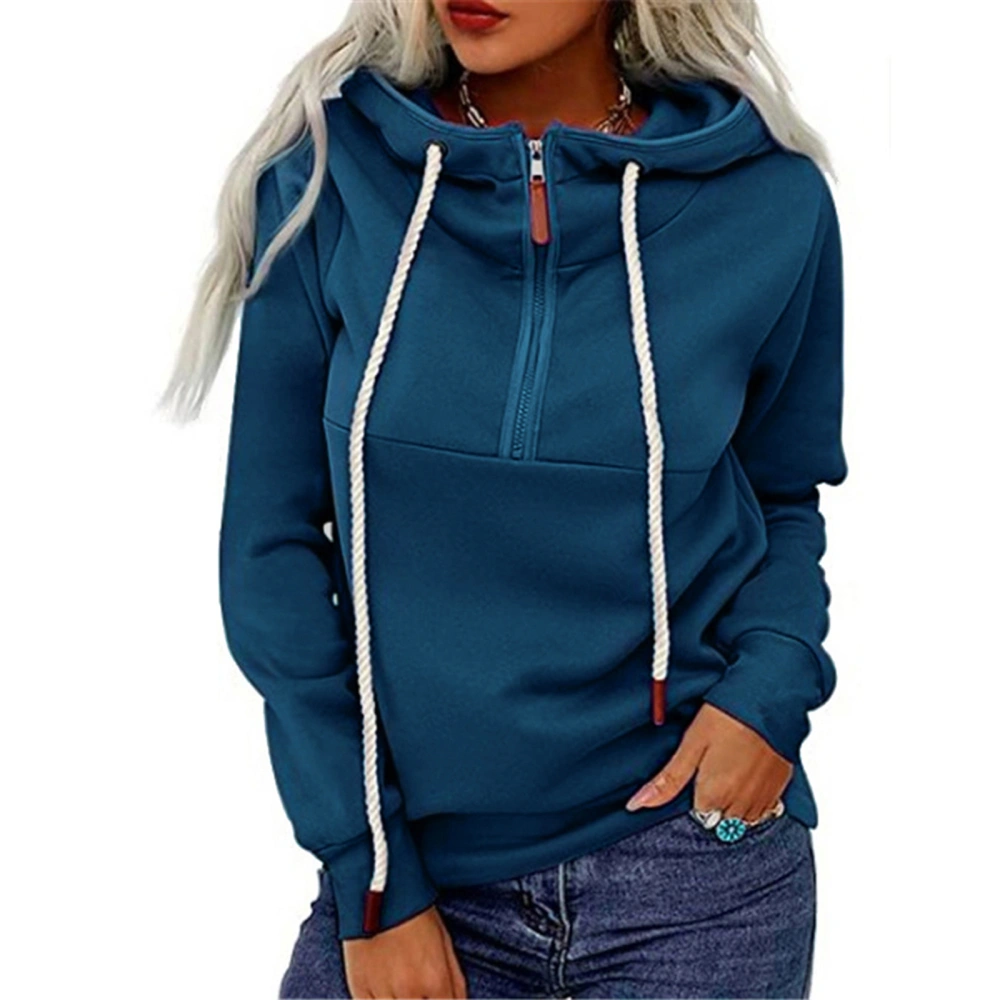 Female Solid Color Long Sleeve Hooded Pullover Blouse with Zipper