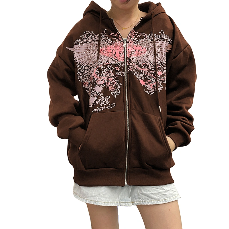 Women Zip Rhinestone Hoodies, Long Sleeve Wings Print Sweatshirts