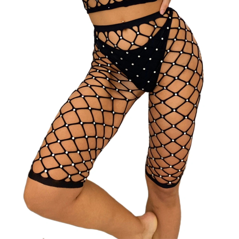 Women's Fishnet Knee-High Shorts, Rhinestone Slim Fit Mesh Shorts