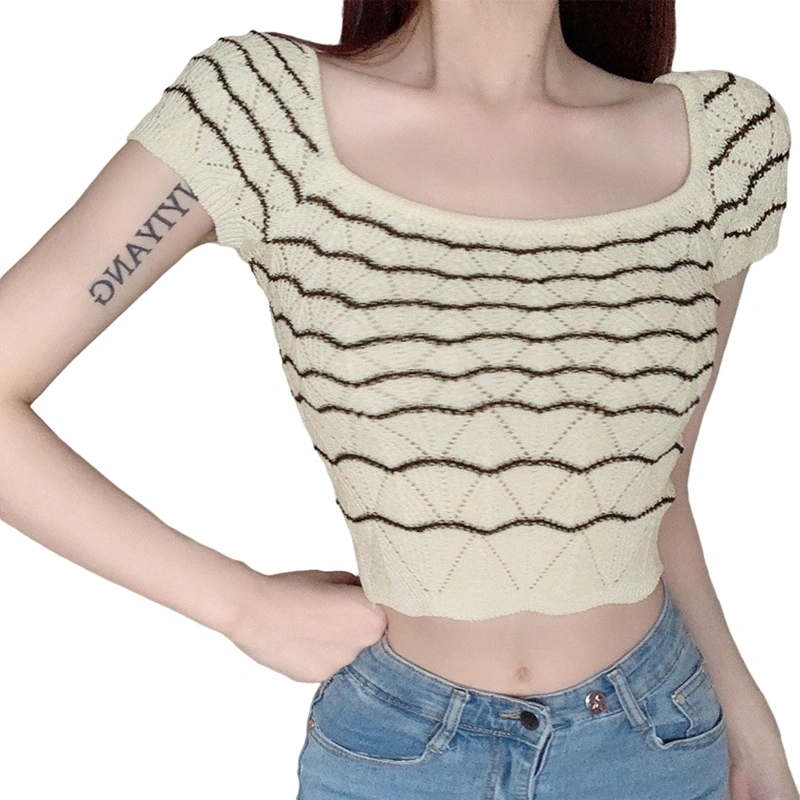 Knit T-shirt, Hollow Striped Short Sleeve Square Collar Crop Tops