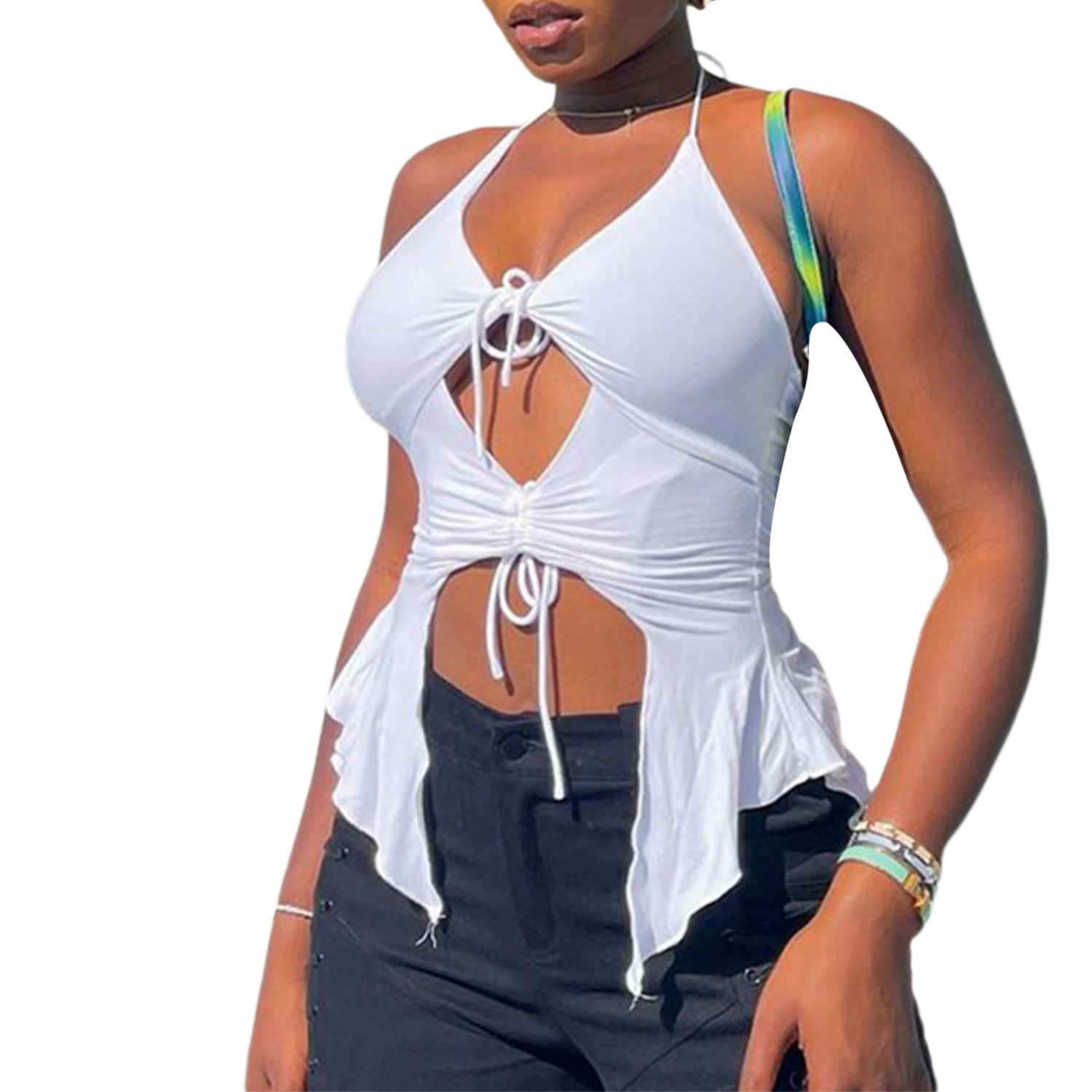 Women Hollow Out Vest, Solid Color Halter Neck Irregular Hem Crop Tops