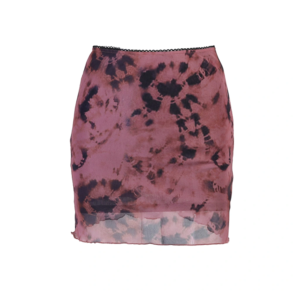 Women Mesh Bodycon Mini Skirt High Waist Tie Dye Print Lettuce Trim Pencil Skirt