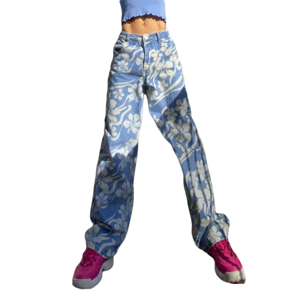 Women Middle-Waist Pants Floral Print Side Pockets Slimming Trousers