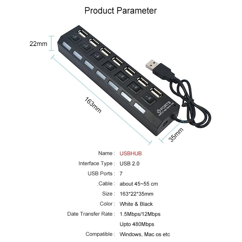 Usb Hub Usb Switch Hub 2.0 Adapter High Speed ​​Multi 7 Port Usb Hub Incl. Away Portable Dispenser For Pc, Laptop