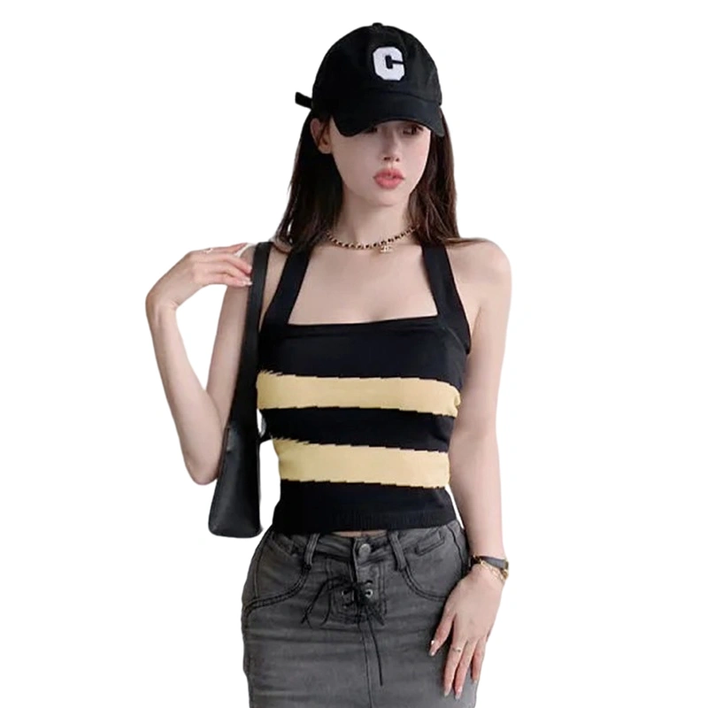 Women's Halter Knitted Tank Tops, Stripe Pattern Backless Tie-Up Vest