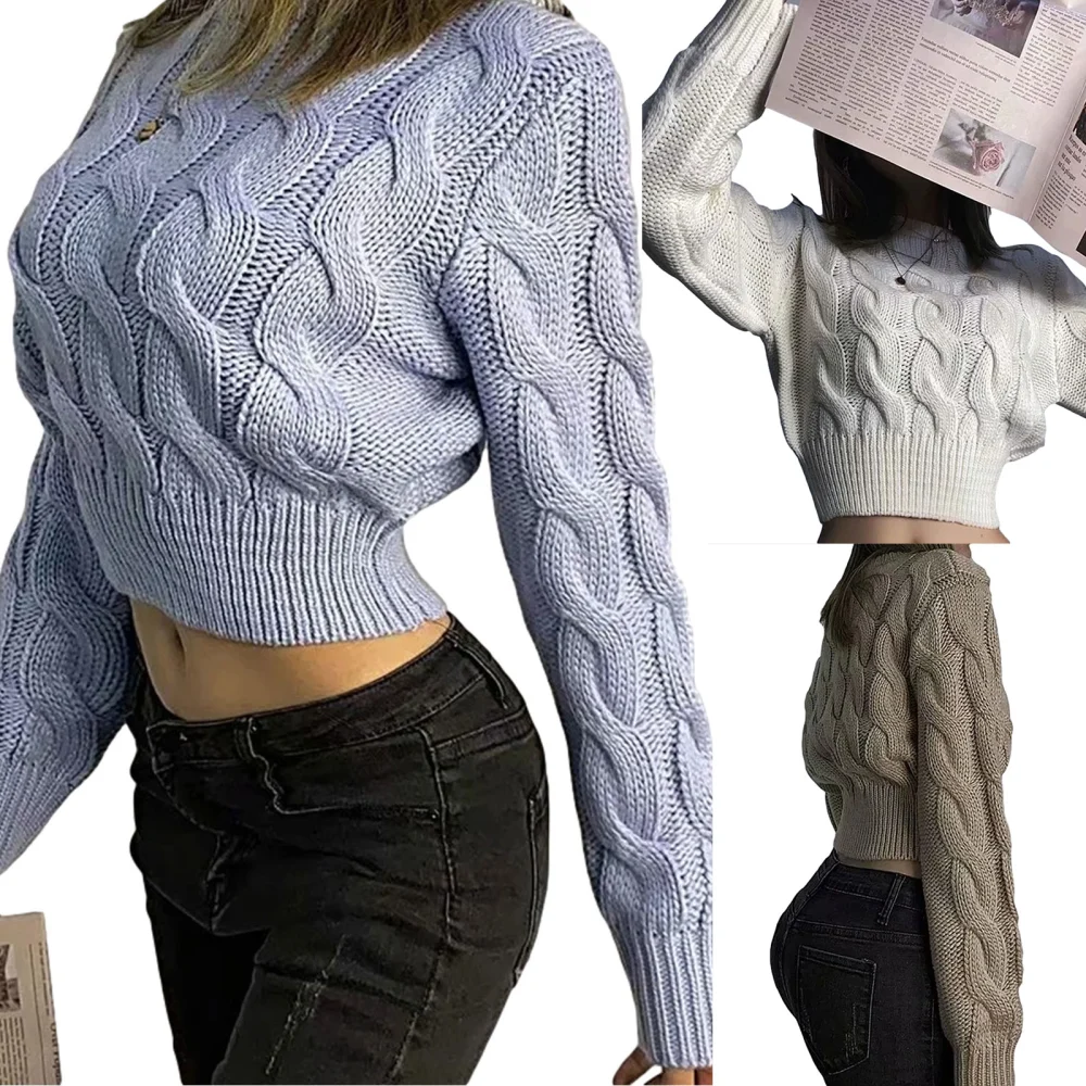 Women’s Solid Color Loose Long Sleeve Short Style Twist Sweater