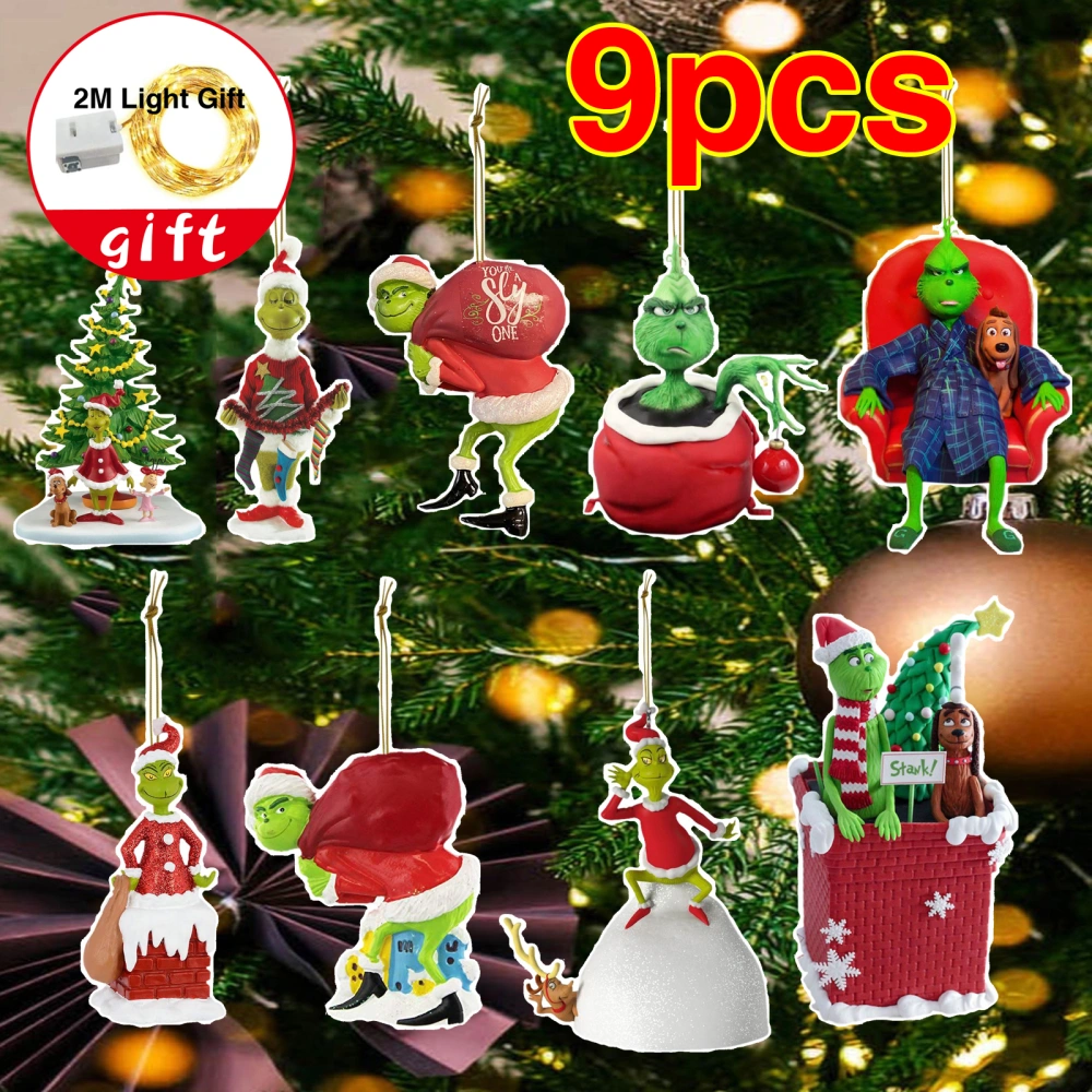 9Pcs Grinch Hanging Ornaments Christmas Tree Ornament Decor 3D Flat Grinch Pendant for Xmas Tree Decoration Christmas Tree Signs Gift Holiday Party Decoration