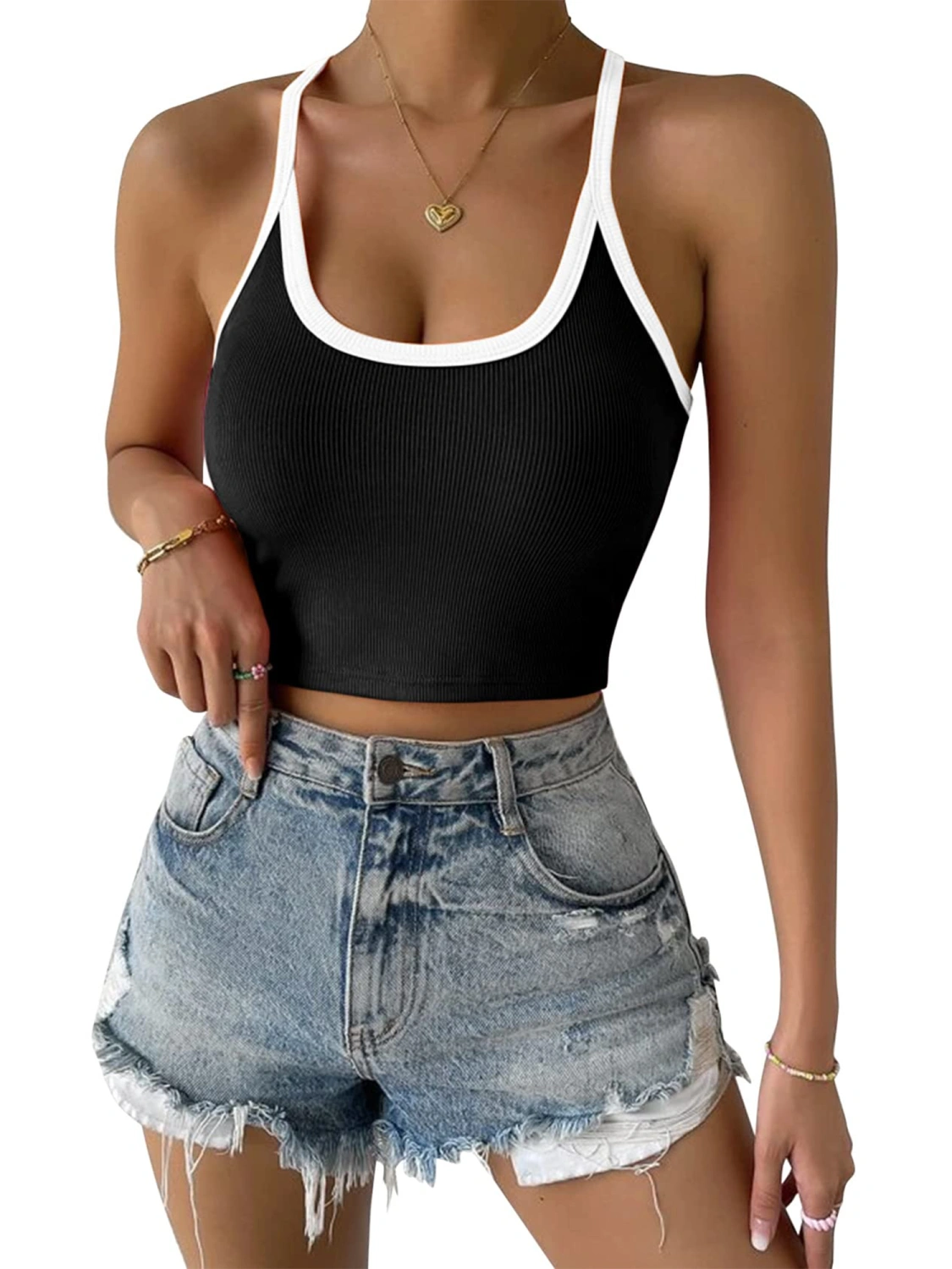 Women's Scoop Neck Camisole, Spaghetti Strap Contrast Color Crop Tops