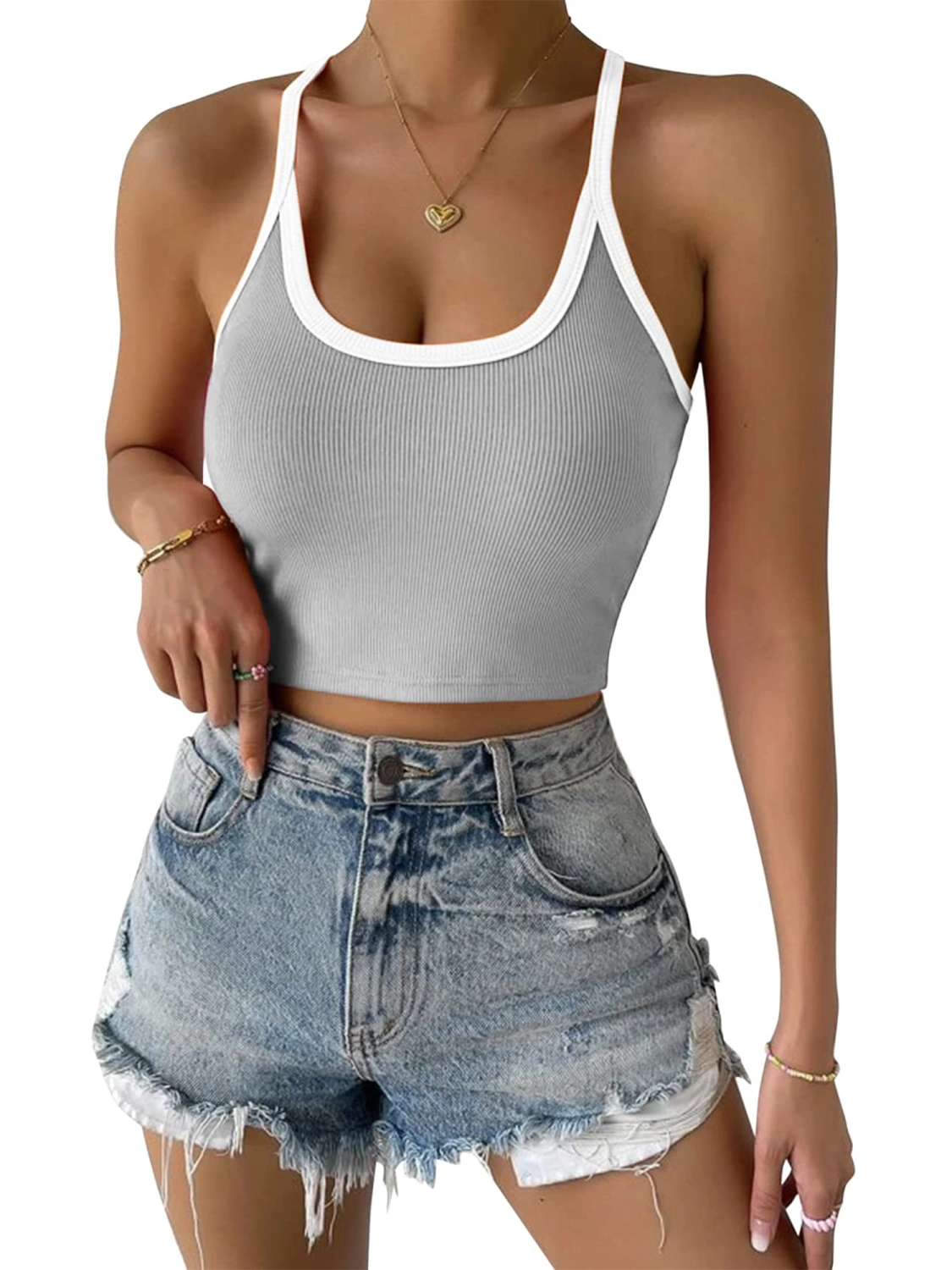 Women's Scoop Neck Camisole, Spaghetti Strap Contrast Color Crop Tops