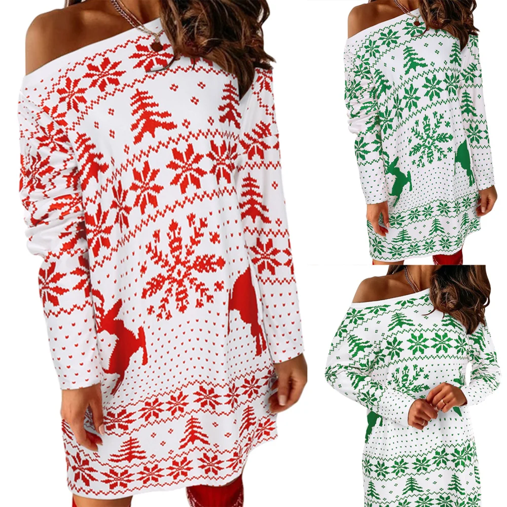 Christmas Ladies Long Sleeve Dress, Round Collar Knitted Short Skirt