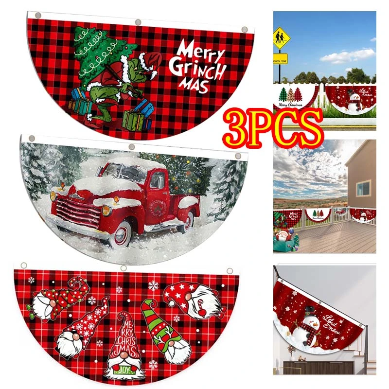 3Pcs Christmas Bunting Flag - Fan Shaped Flag for Christmas Hanging Decorations, Half Circle Flag for Christmas Party Yard Indoor Outdoor Door Decor,A+B+C