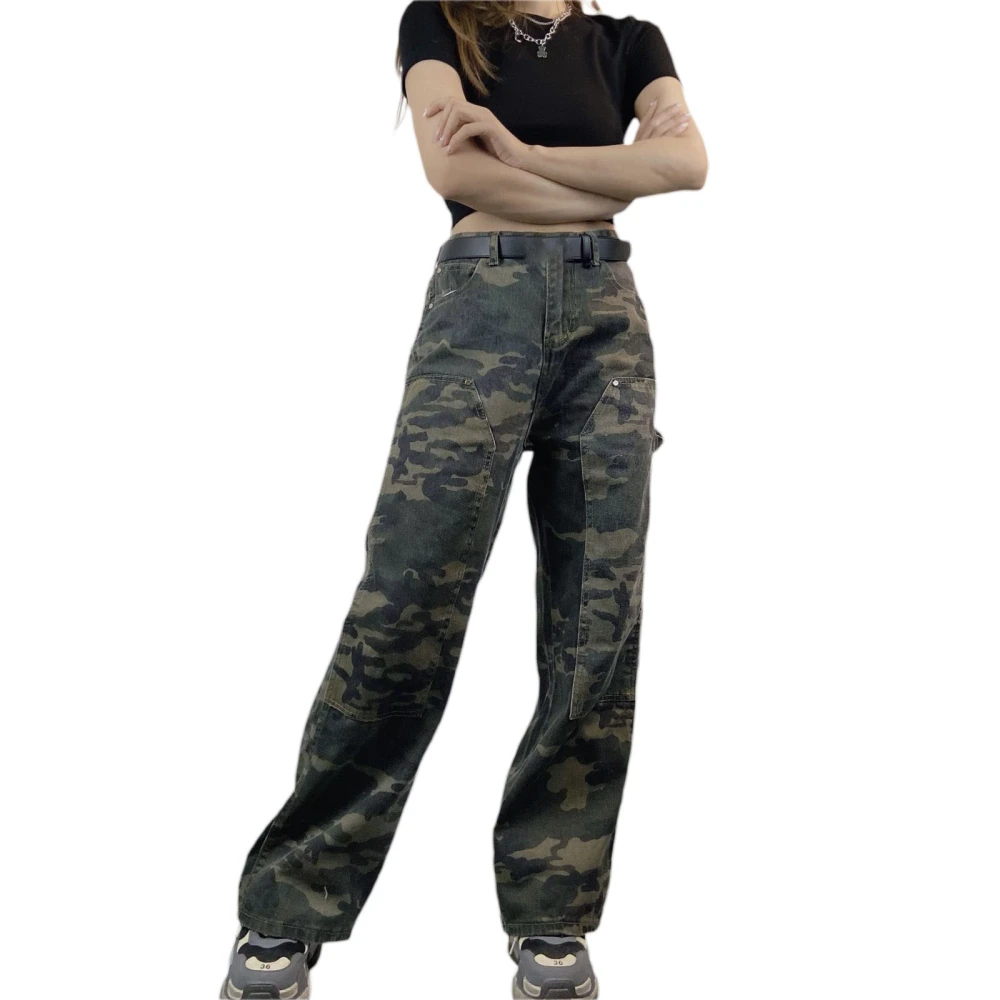 Women Denim Trousers Camouflage High Waist Straight Leg Cargo Pants