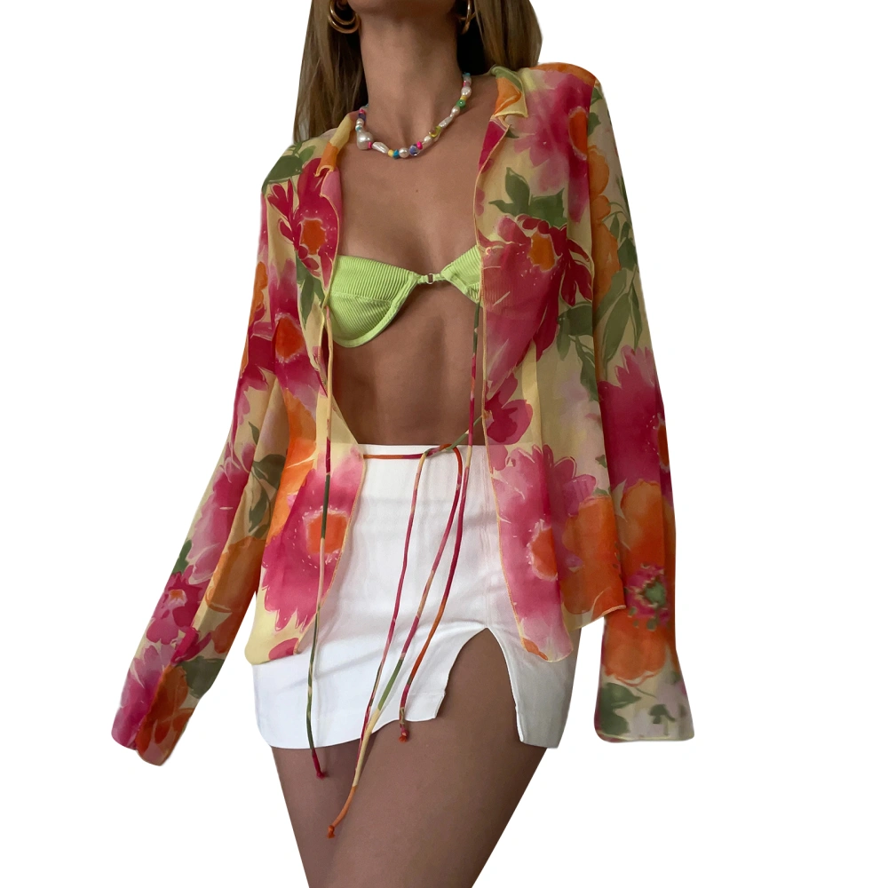 Ladies See-through Tie Up Tops, Long Sleeve Loose Cardigan Cover-Up