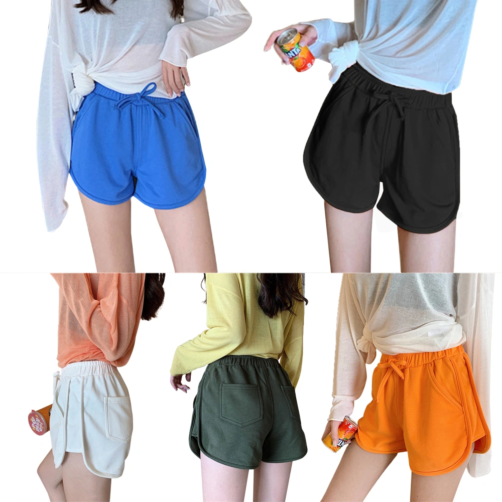 Female Solid Color High Waist Short Pants with Drawstring and Pockets