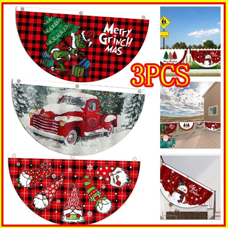 3Pcs Merry Christmas Bunting Fan Flag Red Green Christmas Yard Hanging Bunting Flag,Christmas Hanging Bunting Half Fan Yard Flag Outdoor Decoration,A+B+C