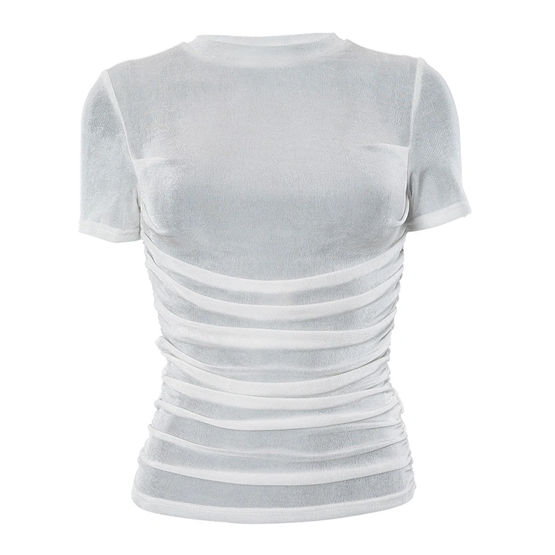 Women T-shirt, Crew Neck Short Sleeve Pleated Solid Summer Tops