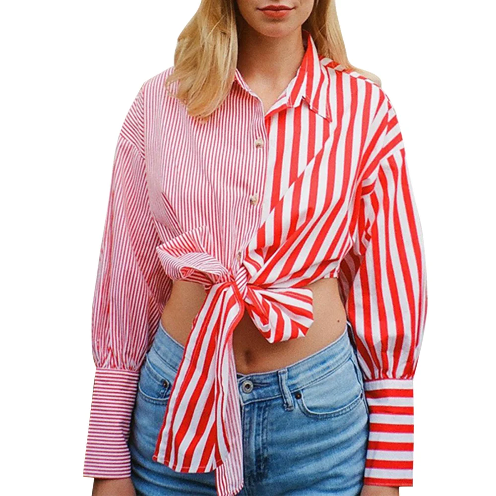 Women Stripes/Dots Print Long Sleeve Tie Knot Button Down Shirts