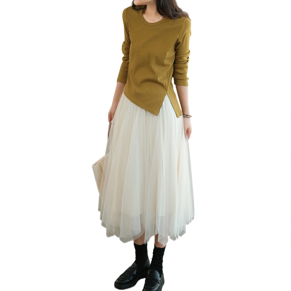 Women's Mid-Length Tulle Skirt, Solid Color High Waist Irregular Skirt