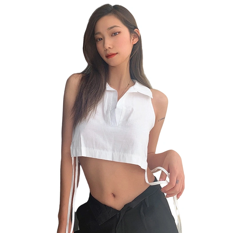 Women's Crop Tank Tops, Lapel Collar Sleeveless Tie-Up Summer Vest