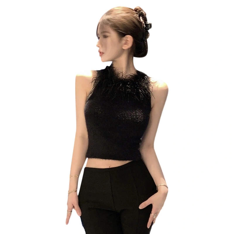 Women Halterneck Tops Feather Neckline Backless Sleeveless Crop Tops