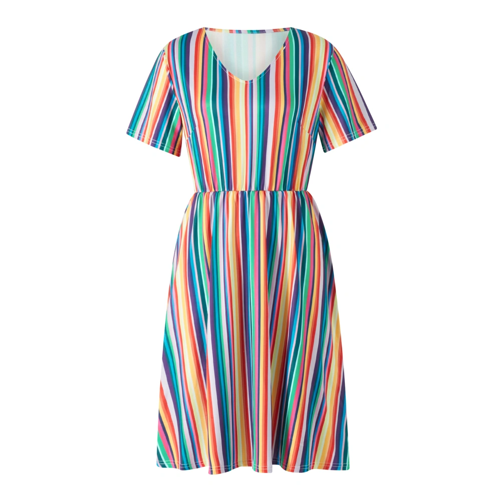 Mommy and Me Dress Summer Rainbow Stripe Short Sleeve A-line Dress 