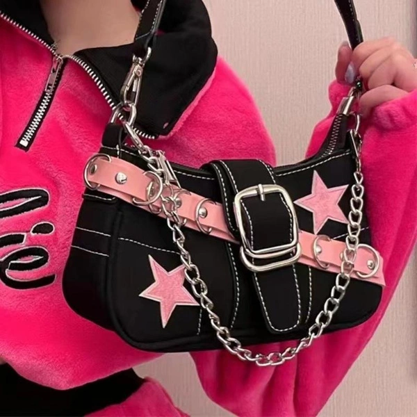 Gothic Punk Vintage Pink Heart Shaped Decoration Chains Crossbody Bags for Women Hot Girl Handbag Y2k Trend Tote Bag Leather Bag