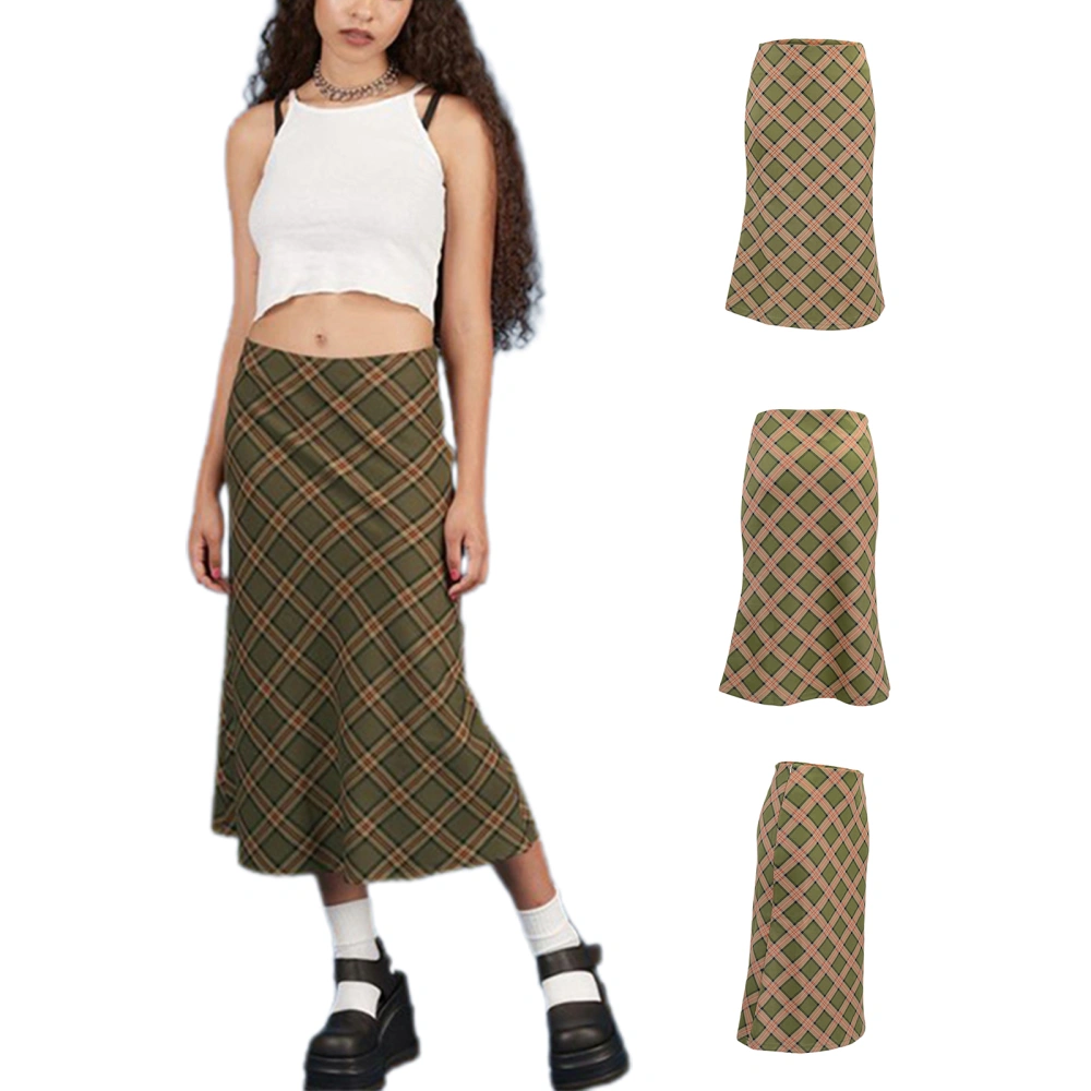 Women Casual Long Skirt, Dark Green Plaid Printed Pattern Dress