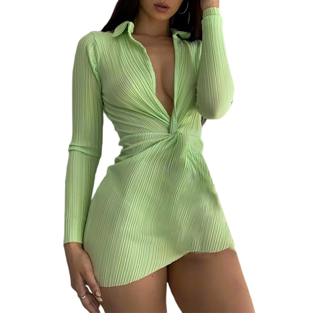 Women’s Solid Color Twisted V-neck Long Sleeve Skinny Short Dress