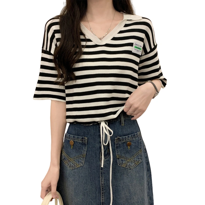 Women Half Sleeve Navel Tops, Stripes Print Drawstring Crop Tops