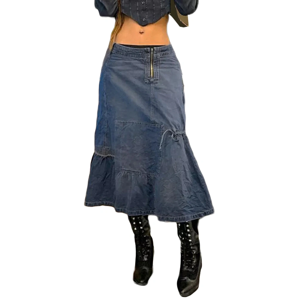 Women Half Dress Drawstring Denim Spring Fall Skirt, Blue, S-M-L